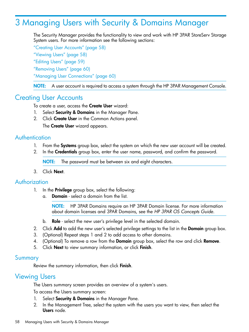 3 managing users with security & domains manager, Creating user accounts, Authentication | Authorization, Summary, Viewing users, Authentication authorization summary | HP 3PAR Operating System Software User Manual | Page 58 / 524