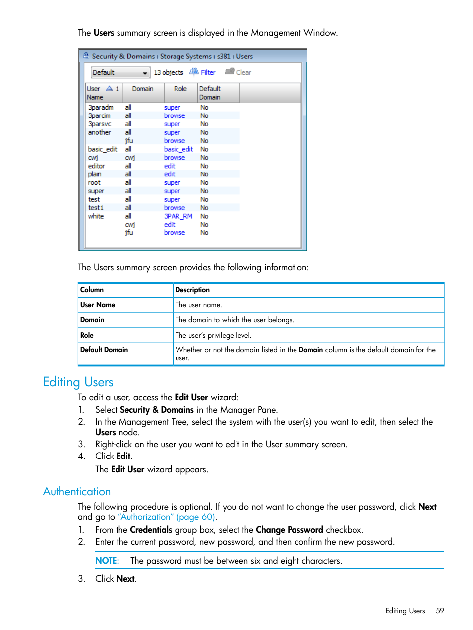 Editing users, Authentication | HP 3PAR Operating System Software User Manual | Page 59 / 524