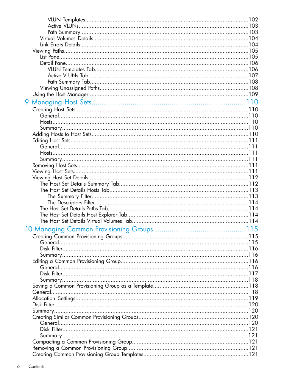 9 managing host sets, 10 managing common provisioning groups | HP 3PAR Operating System Software User Manual | Page 6 / 524