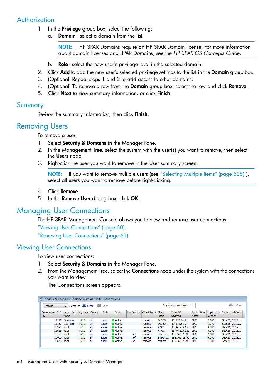 Authorization, Summary, Removing users | Managing user connections, Viewing user connections, Authorization summary, Removing users managing user connections | HP 3PAR Operating System Software User Manual | Page 60 / 524