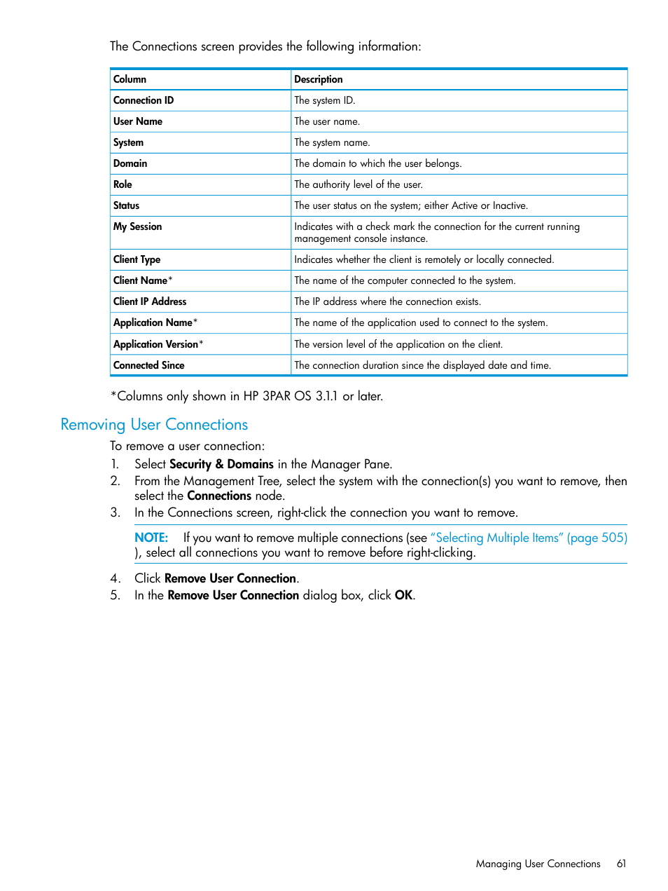 Removing user connections | HP 3PAR Operating System Software User Manual | Page 61 / 524