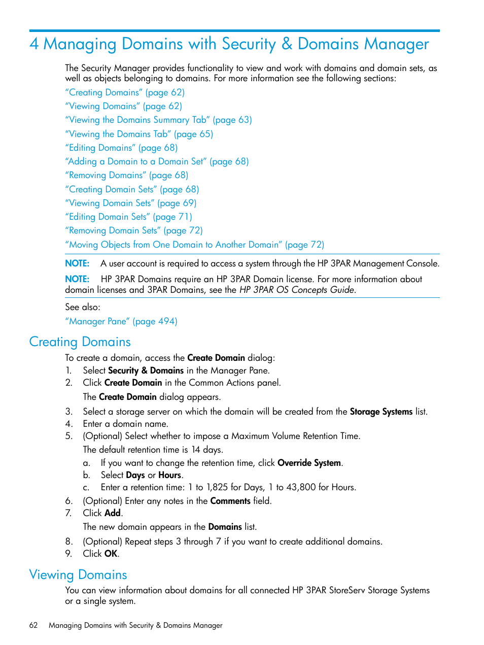 4 managing domains with security & domains manager, Creating domains, Viewing domains | Creating domains viewing domains | HP 3PAR Operating System Software User Manual | Page 62 / 524