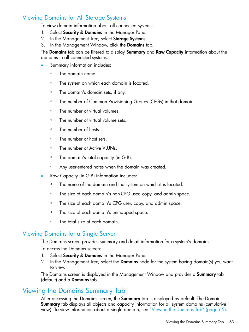 Viewing domains for all storage systems, Viewing domains for a single server, Viewing the domains summary tab | HP 3PAR Operating System Software User Manual | Page 63 / 524