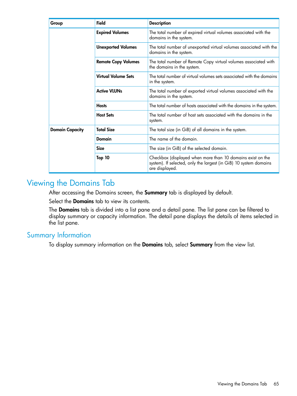 Viewing the domains tab, Summary information | HP 3PAR Operating System Software User Manual | Page 65 / 524