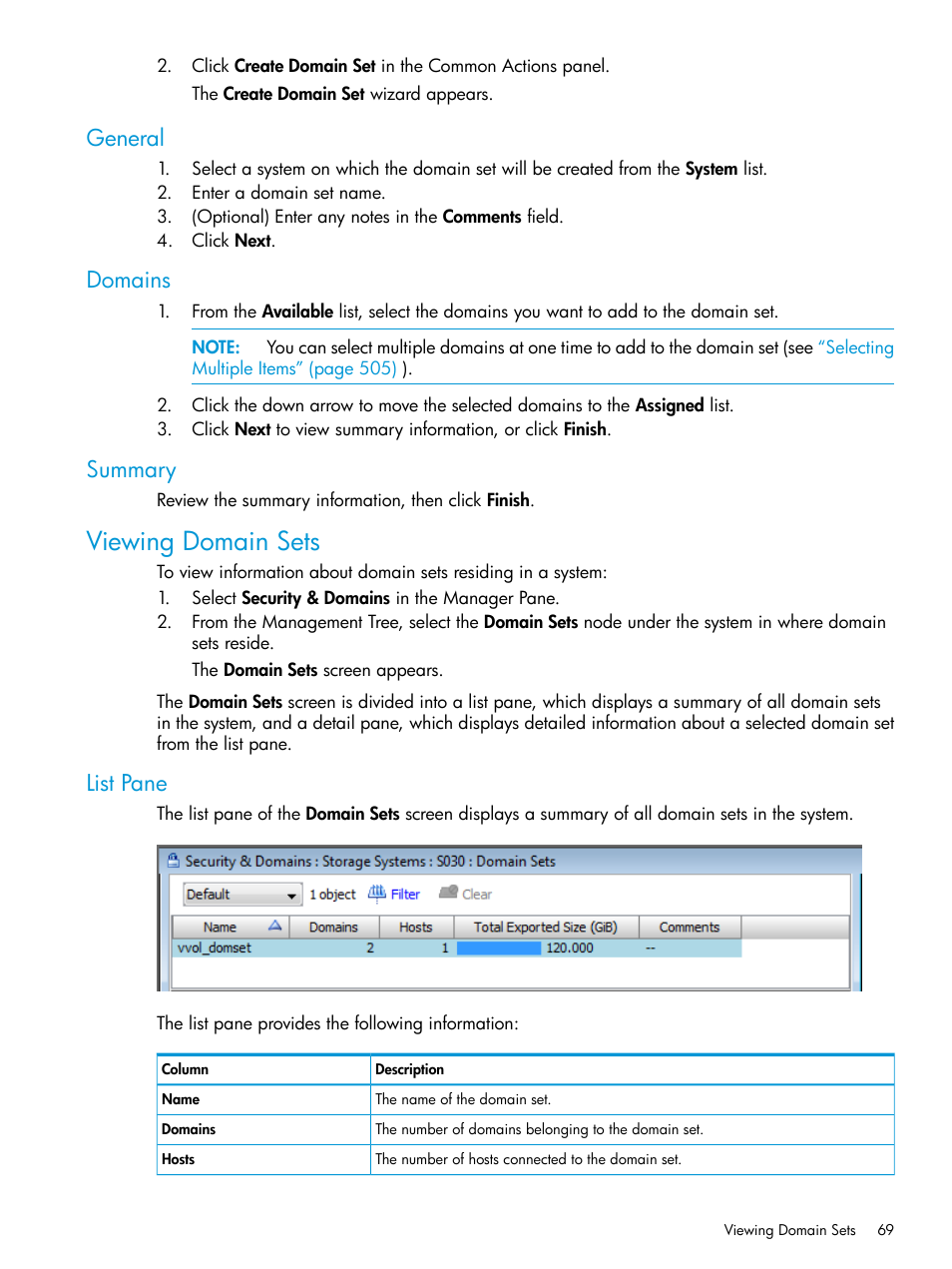 General, Domains, Summary | Viewing domain sets, List pane, General domains summary | HP 3PAR Operating System Software User Manual | Page 69 / 524