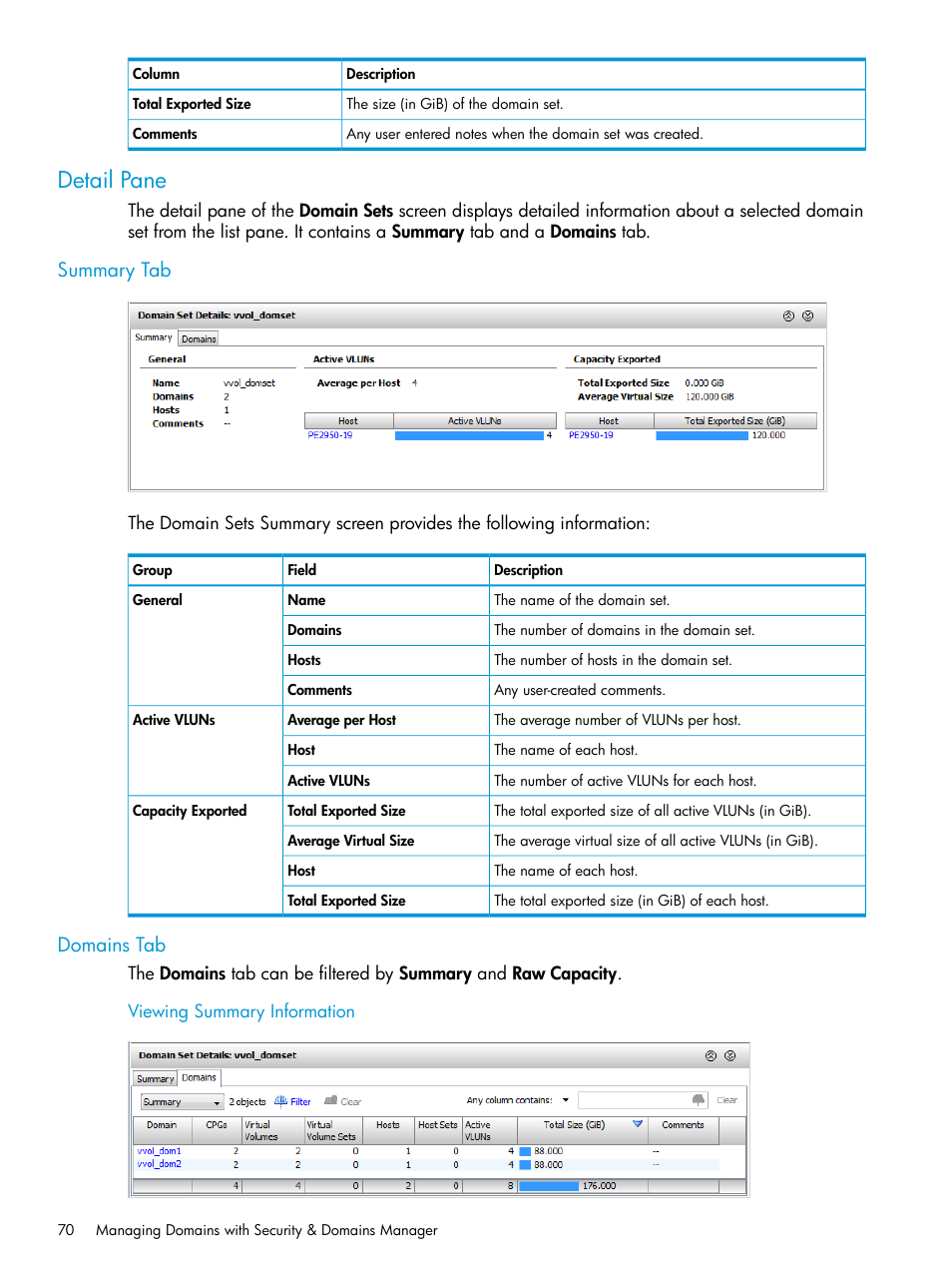 Detail pane, Summary tab, Domains tab | Viewing summary information, Summary tab domains tab | HP 3PAR Operating System Software User Manual | Page 70 / 524