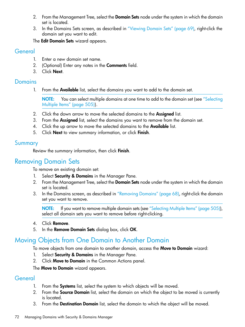 General, Domains, Summary | Removing domain sets, Moving objects from one domain to another domain, General domains summary | HP 3PAR Operating System Software User Manual | Page 72 / 524