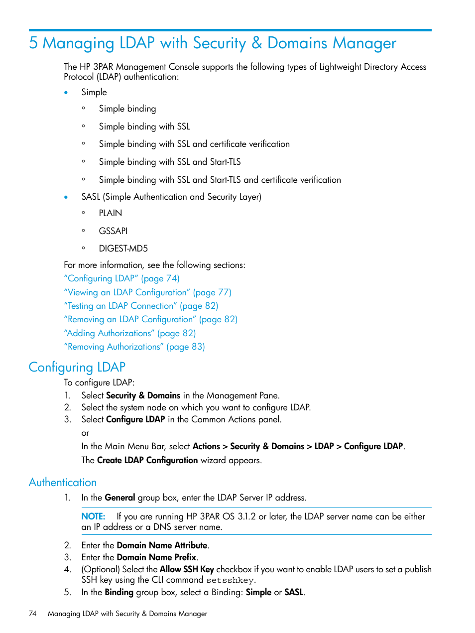 5 managing ldap with security & domains manager, Configuring ldap, Authentication | HP 3PAR Operating System Software User Manual | Page 74 / 524