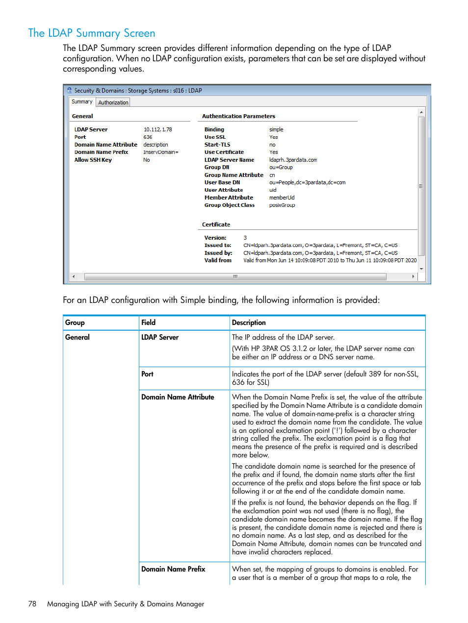 The ldap summary screen | HP 3PAR Operating System Software User Manual | Page 78 / 524