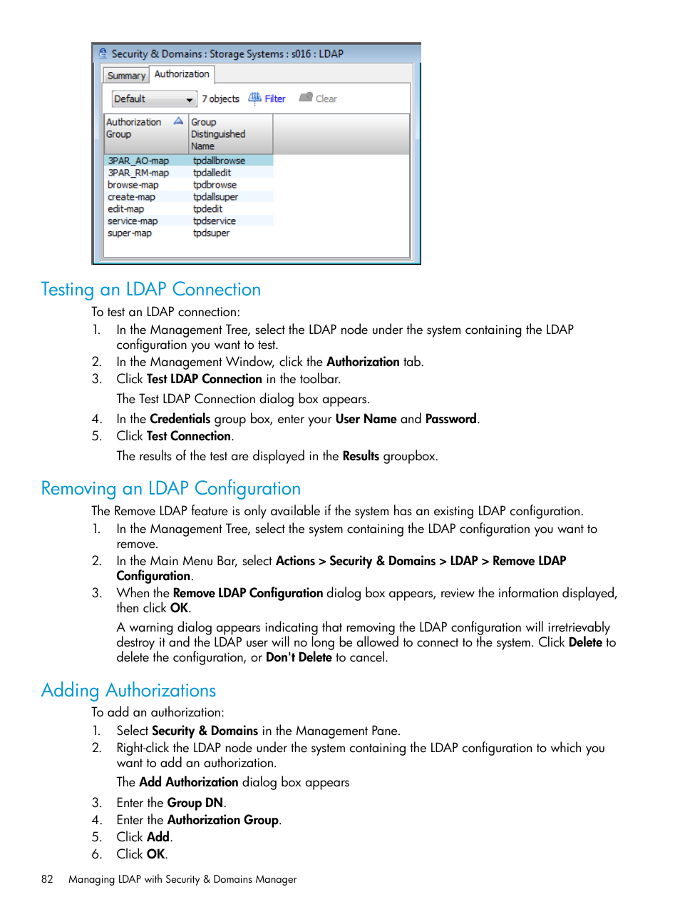 Testing an ldap connection, Removing an ldap configuration, Adding authorizations | HP 3PAR Operating System Software User Manual | Page 82 / 524