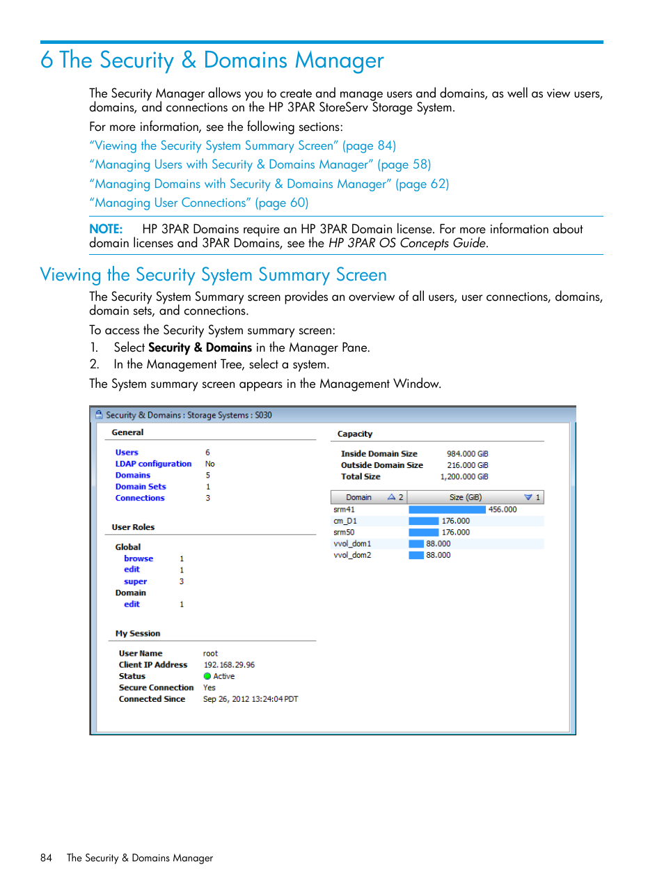 6 the security & domains manager, Viewing the security system summary screen | HP 3PAR Operating System Software User Manual | Page 84 / 524