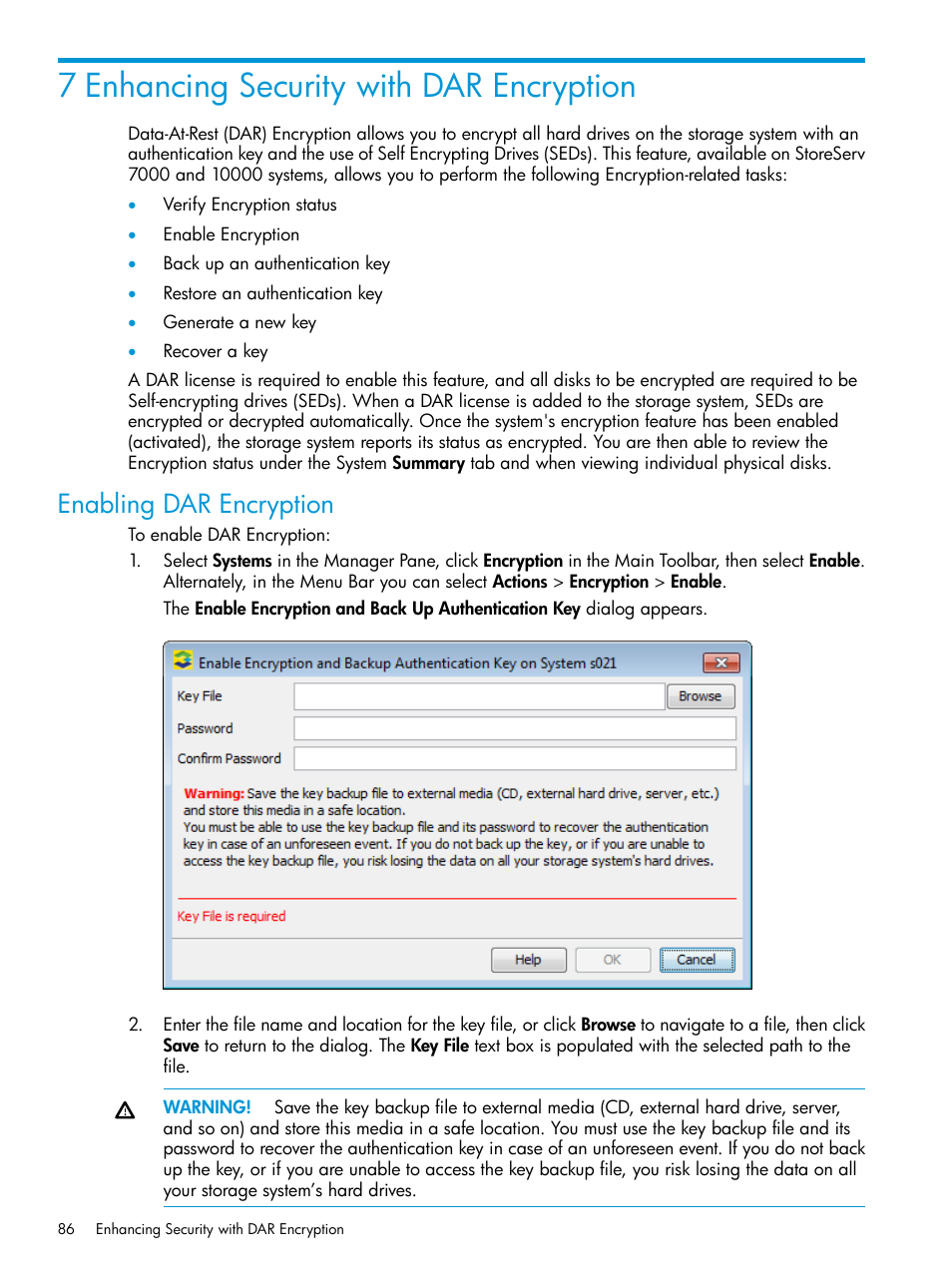 7 enhancing security with dar encryption, Enabling dar encryption | HP 3PAR Operating System Software User Manual | Page 86 / 524