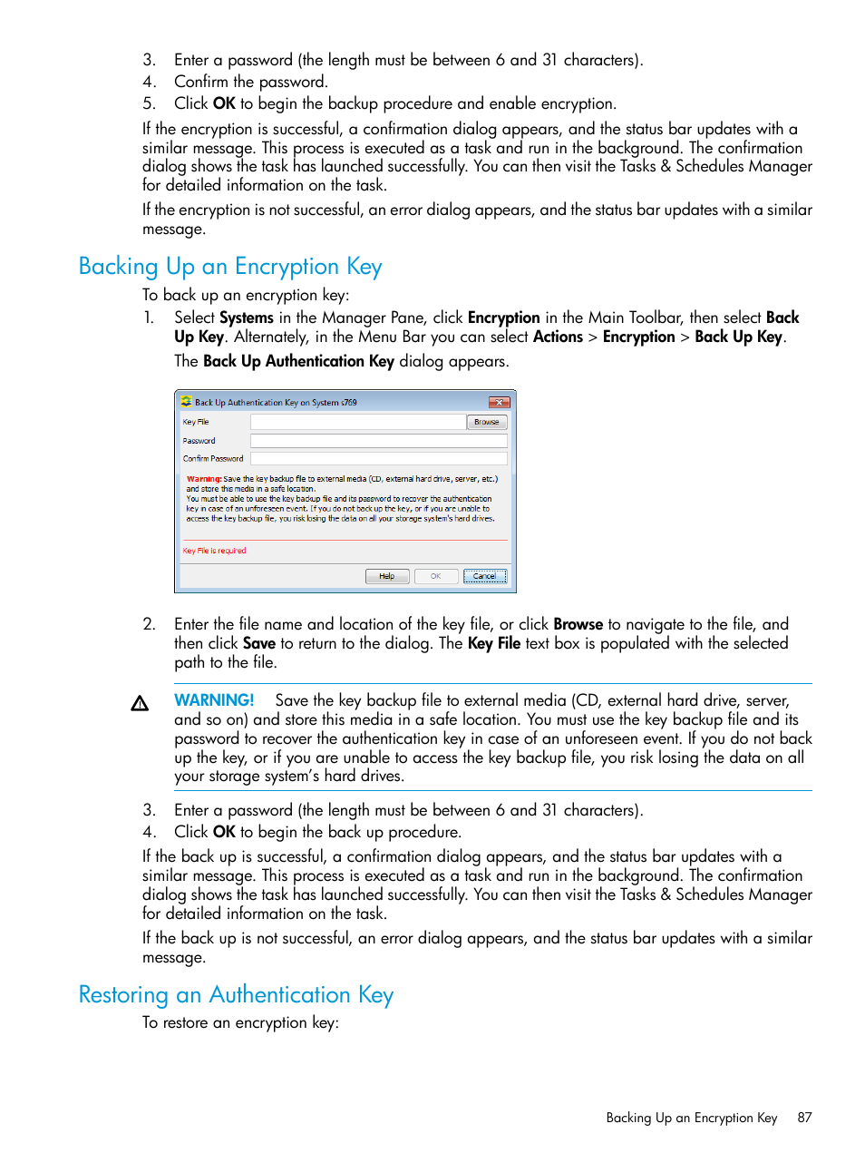 Backing up an encryption key, Restoring an authentication key | HP 3PAR Operating System Software User Manual | Page 87 / 524