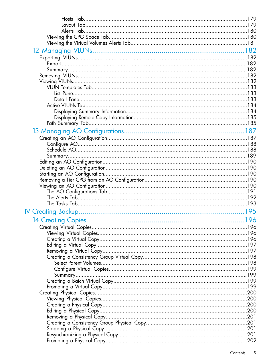 12 managing vluns, 13 managing ao configurations, Iv creating backup 14 creating copies | HP 3PAR Operating System Software User Manual | Page 9 / 524