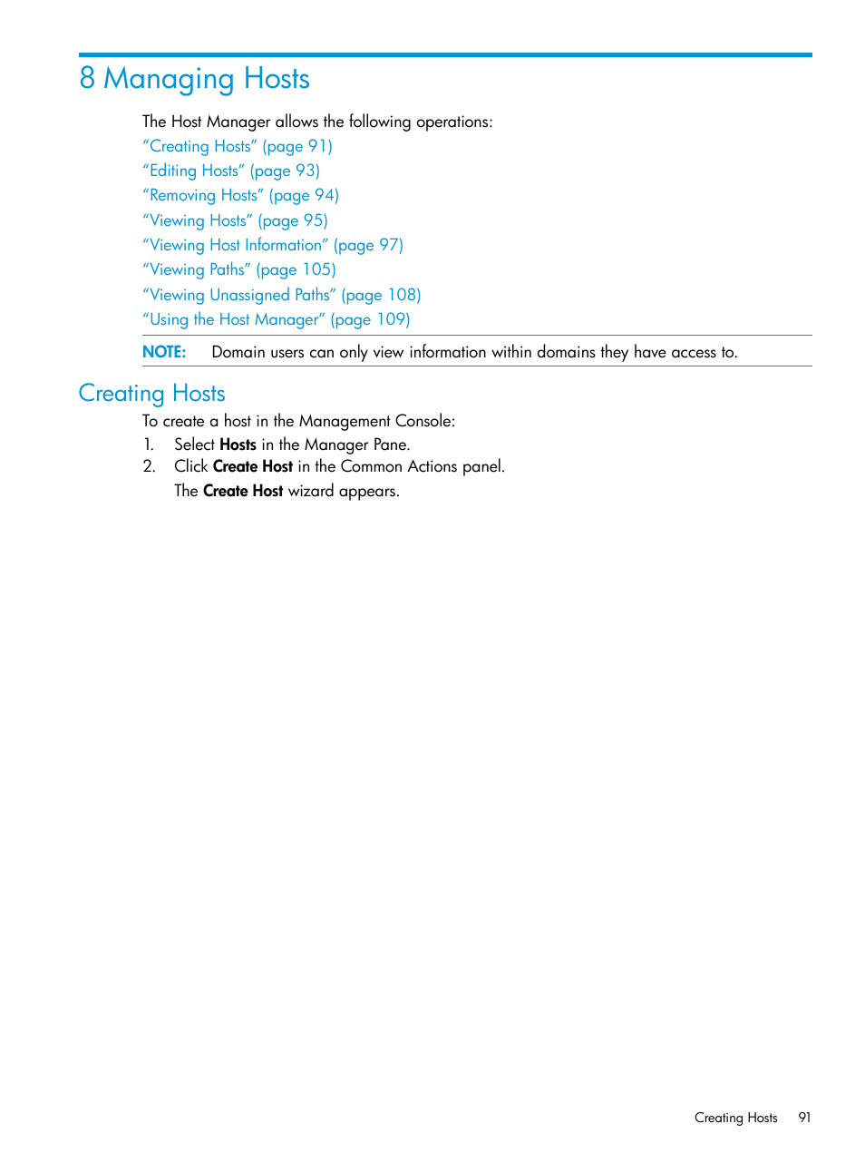 8 managing hosts, Creating hosts | HP 3PAR Operating System Software User Manual | Page 91 / 524