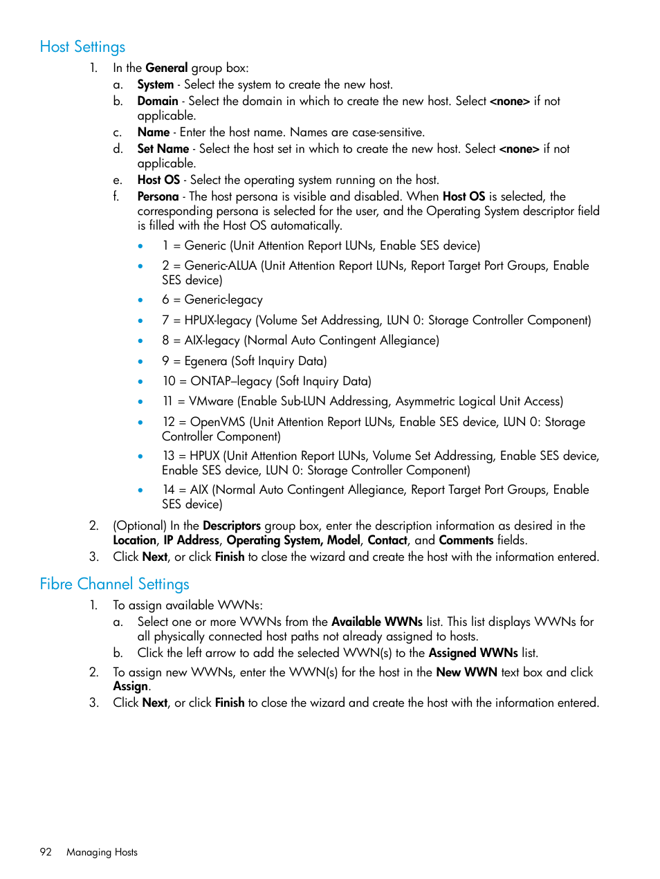 Host settings, Fibre channel settings, Host settings fibre channel settings | HP 3PAR Operating System Software User Manual | Page 92 / 524