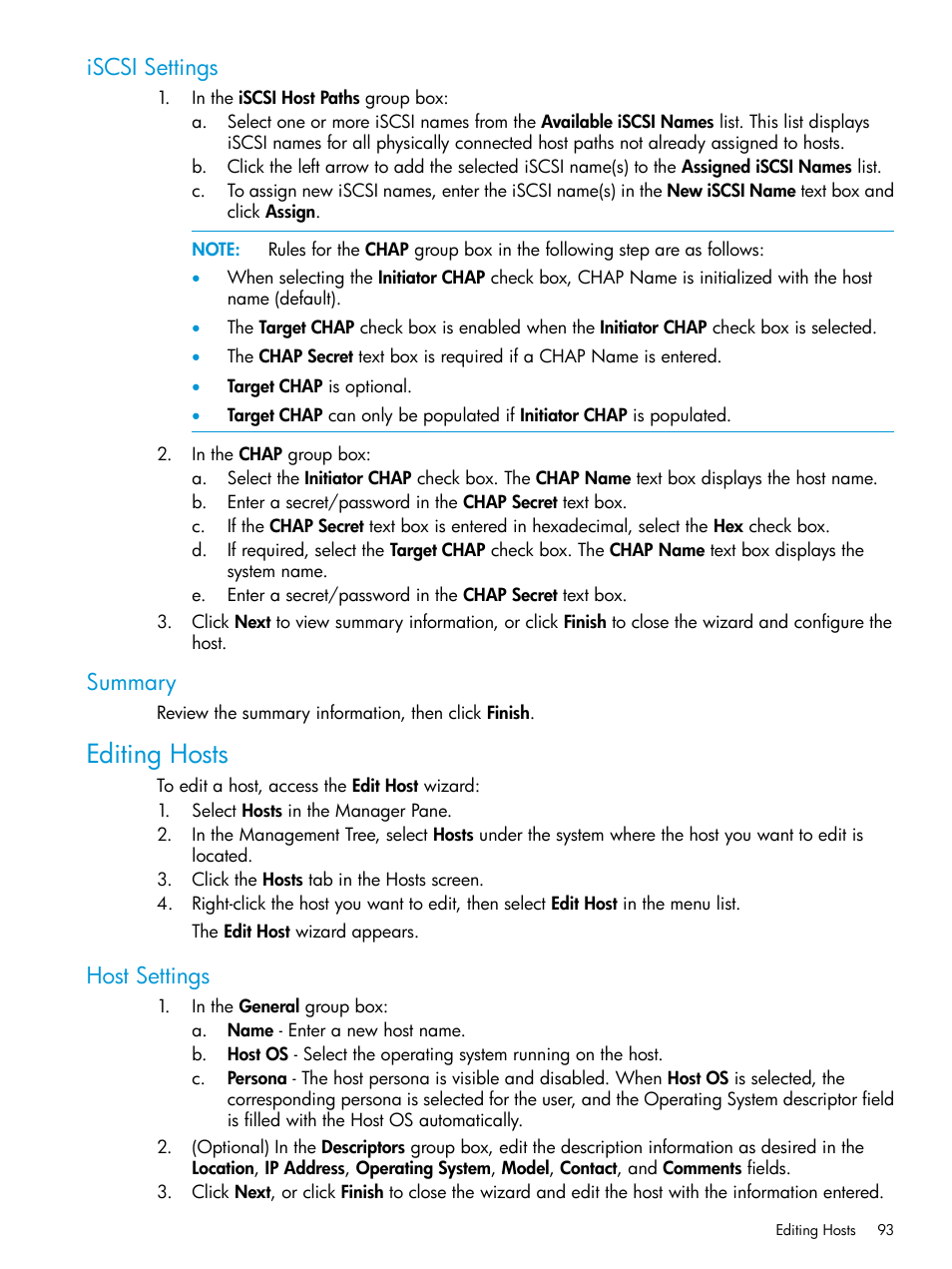 Iscsi settings, Summary, Editing hosts | Host settings, Iscsi settings summary | HP 3PAR Operating System Software User Manual | Page 93 / 524