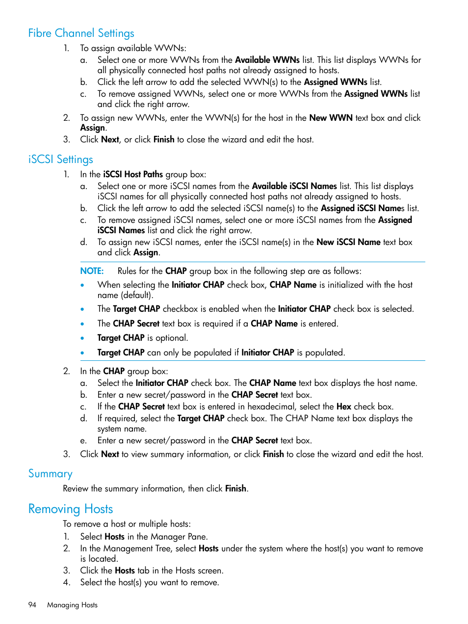 Fibre channel settings, Iscsi settings, Summary | Removing hosts, Fibre channel settings iscsi settings summary | HP 3PAR Operating System Software User Manual | Page 94 / 524