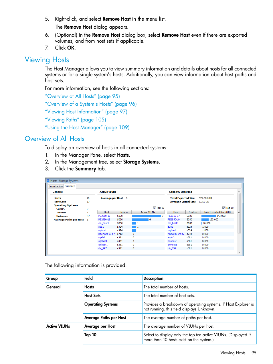 Viewing hosts, Overview of all hosts | HP 3PAR Operating System Software User Manual | Page 95 / 524