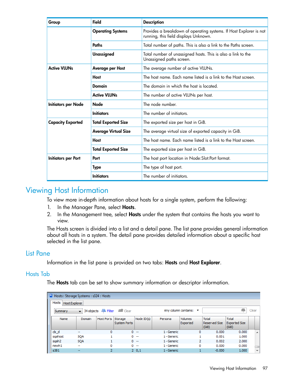 Viewing host information, List pane, Hosts tab | HP 3PAR Operating System Software User Manual | Page 97 / 524