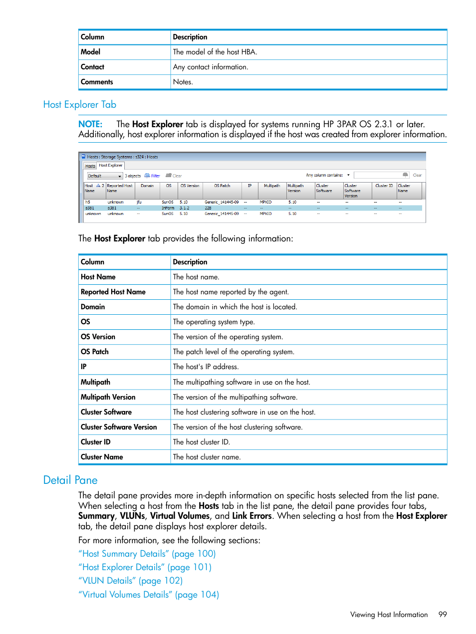 Host explorer tab, Detail pane | HP 3PAR Operating System Software User Manual | Page 99 / 524