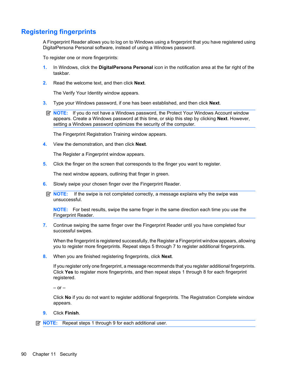 Registering fingerprints | HP Pavilion dv6z-3200 CTO Select Edition Entertainment Notebook PC User Manual | Page 100 / 129