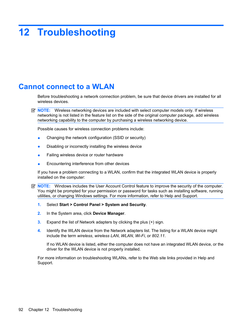Troubleshooting, Cannot connect to a wlan, 12 troubleshooting | HP Pavilion dv6z-3200 CTO Select Edition Entertainment Notebook PC User Manual | Page 102 / 129