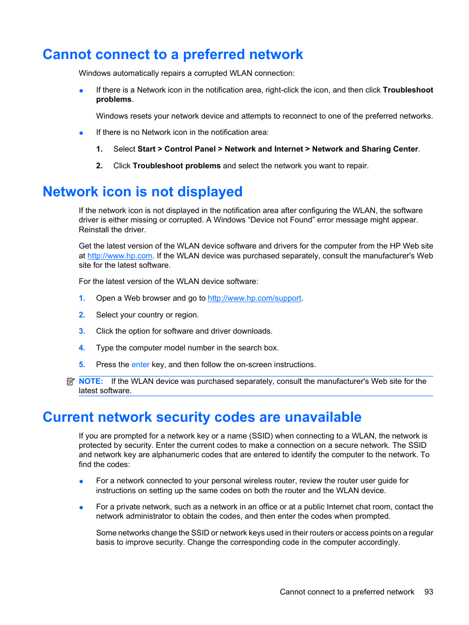 Cannot connect to a preferred network, Network icon is not displayed, Current network security codes are unavailable | HP Pavilion dv6z-3200 CTO Select Edition Entertainment Notebook PC User Manual | Page 103 / 129