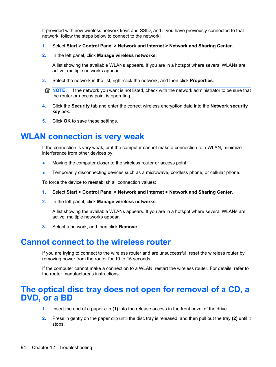 Wlan connection is very weak, Cannot connect to the wireless router | HP Pavilion dv6z-3200 CTO Select Edition Entertainment Notebook PC User Manual | Page 104 / 129