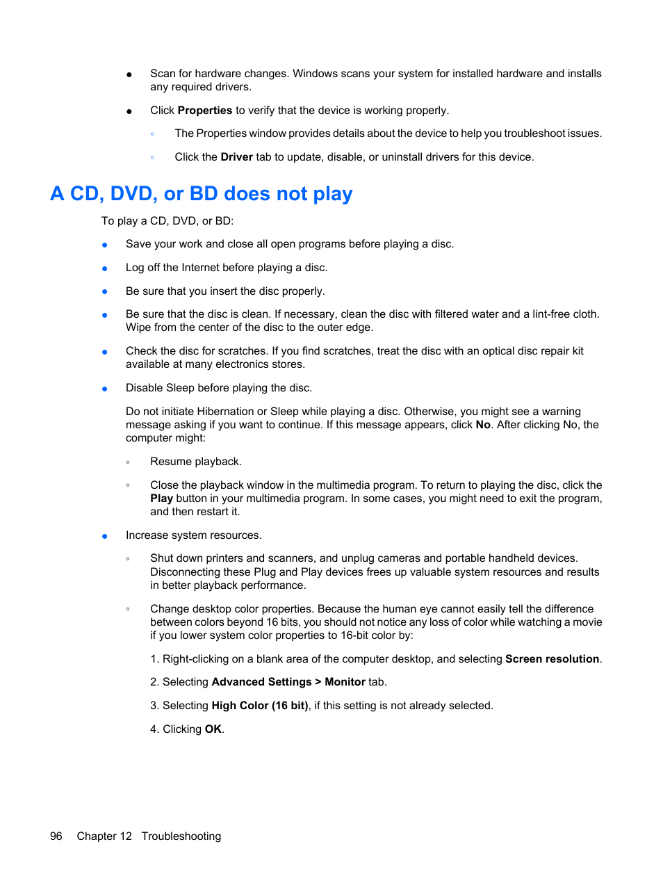 A cd, dvd, or bd does not play | HP Pavilion dv6z-3200 CTO Select Edition Entertainment Notebook PC User Manual | Page 106 / 129