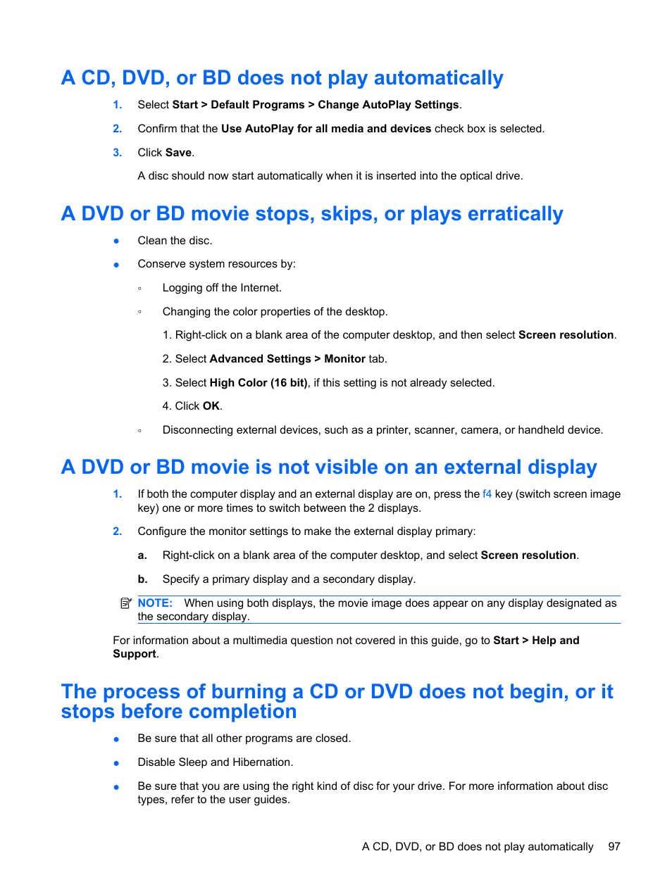 A cd, dvd, or bd does not play automatically | HP Pavilion dv6z-3200 CTO Select Edition Entertainment Notebook PC User Manual | Page 107 / 129