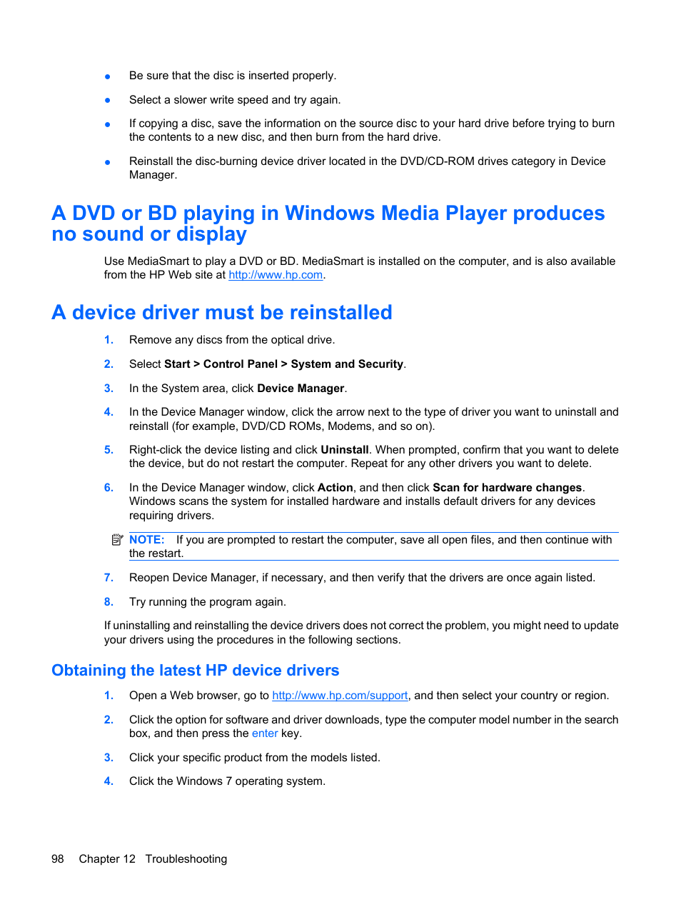 A device driver must be reinstalled, Obtaining the latest hp device drivers | HP Pavilion dv6z-3200 CTO Select Edition Entertainment Notebook PC User Manual | Page 108 / 129