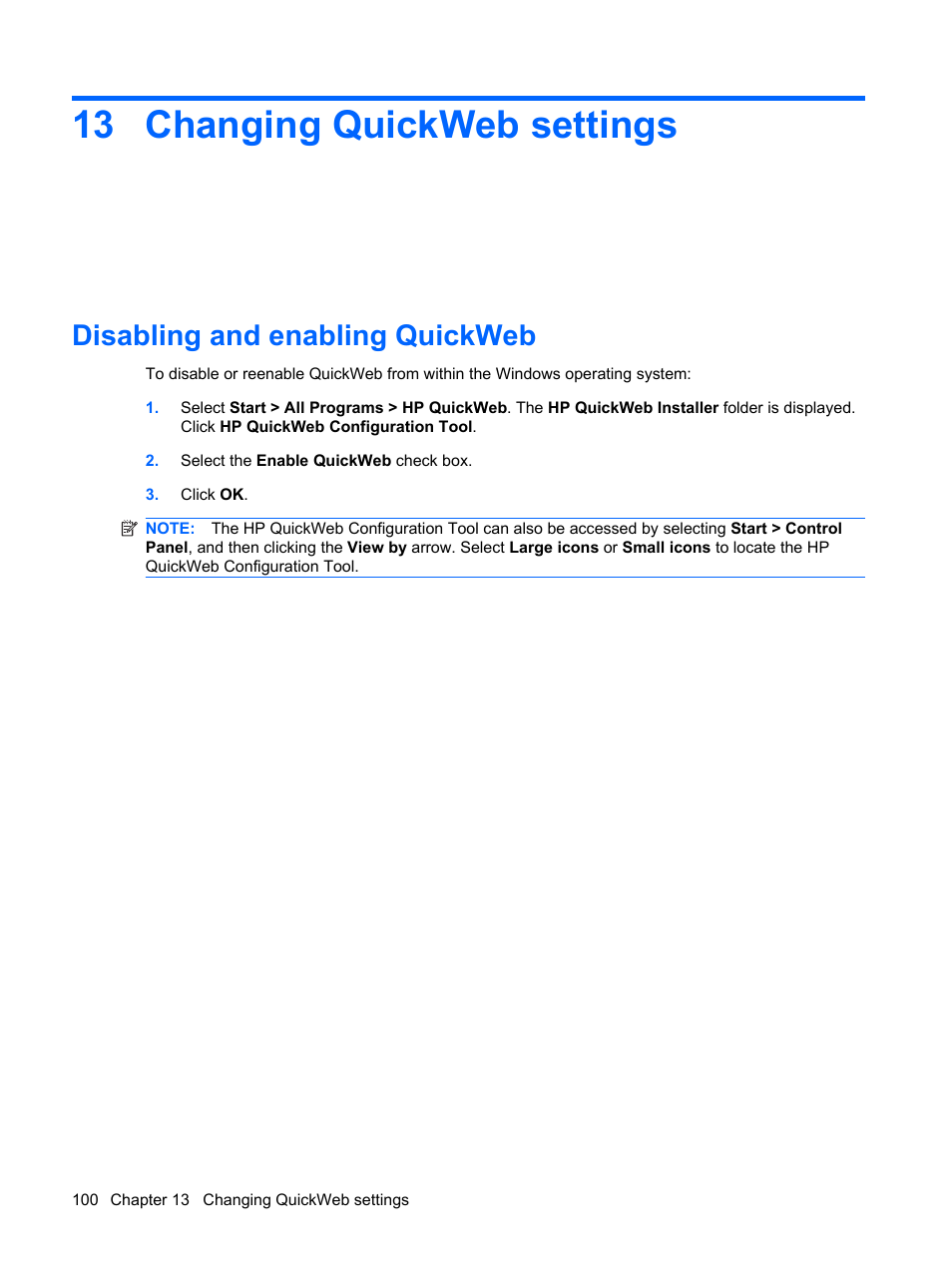 Changing quickweb settings, Disabling and enabling quickweb, 13 changing quickweb settings | HP Pavilion dv6z-3200 CTO Select Edition Entertainment Notebook PC User Manual | Page 110 / 129