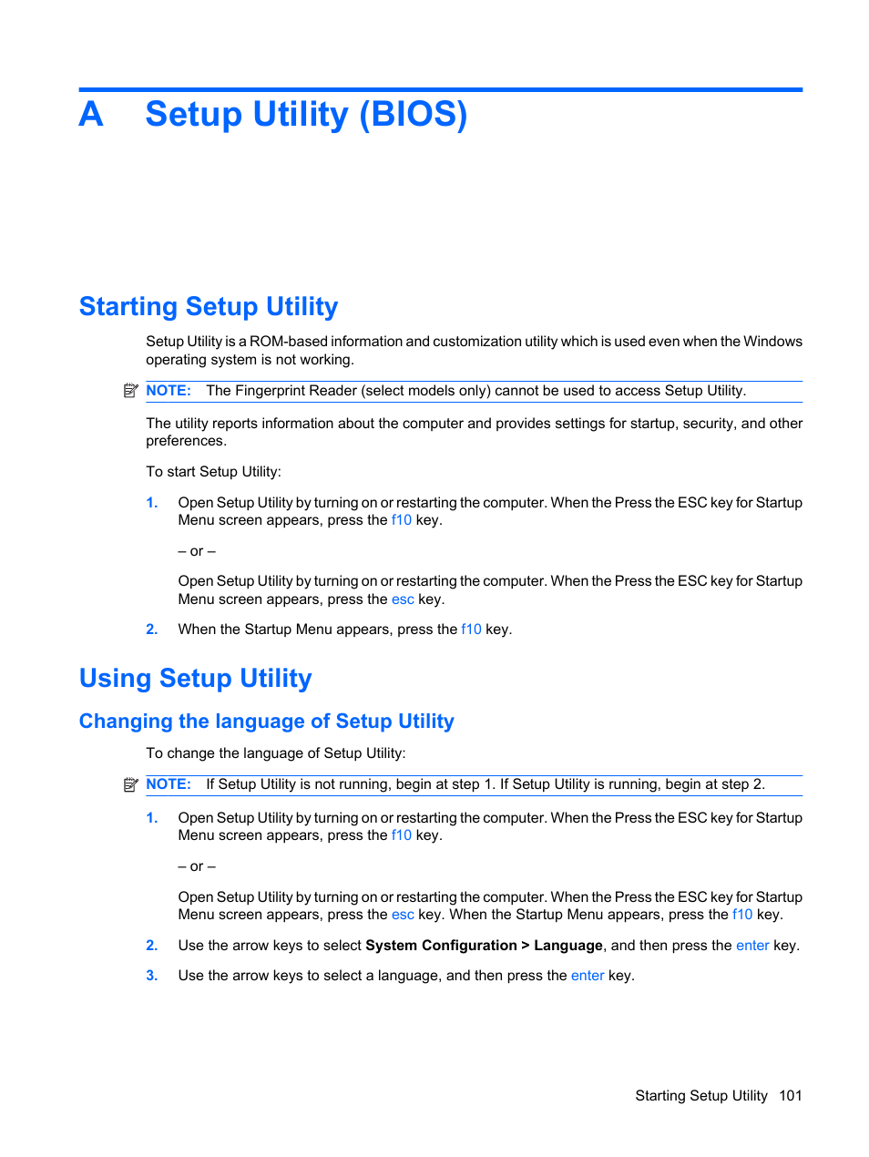 Setup utility (bios), Starting setup utility, Using setup utility | Changing the language of setup utility, Appendix a setup utility (bios), Starting setup utility using setup utility, Asetup utility (bios) | HP Pavilion dv6z-3200 CTO Select Edition Entertainment Notebook PC User Manual | Page 111 / 129