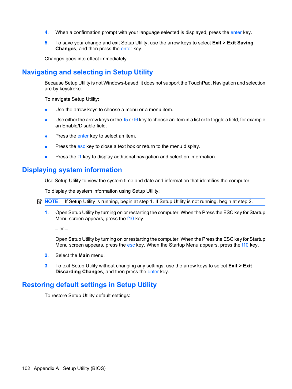 Navigating and selecting in setup utility, Displaying system information, Restoring default settings in setup utility | HP Pavilion dv6z-3200 CTO Select Edition Entertainment Notebook PC User Manual | Page 112 / 129