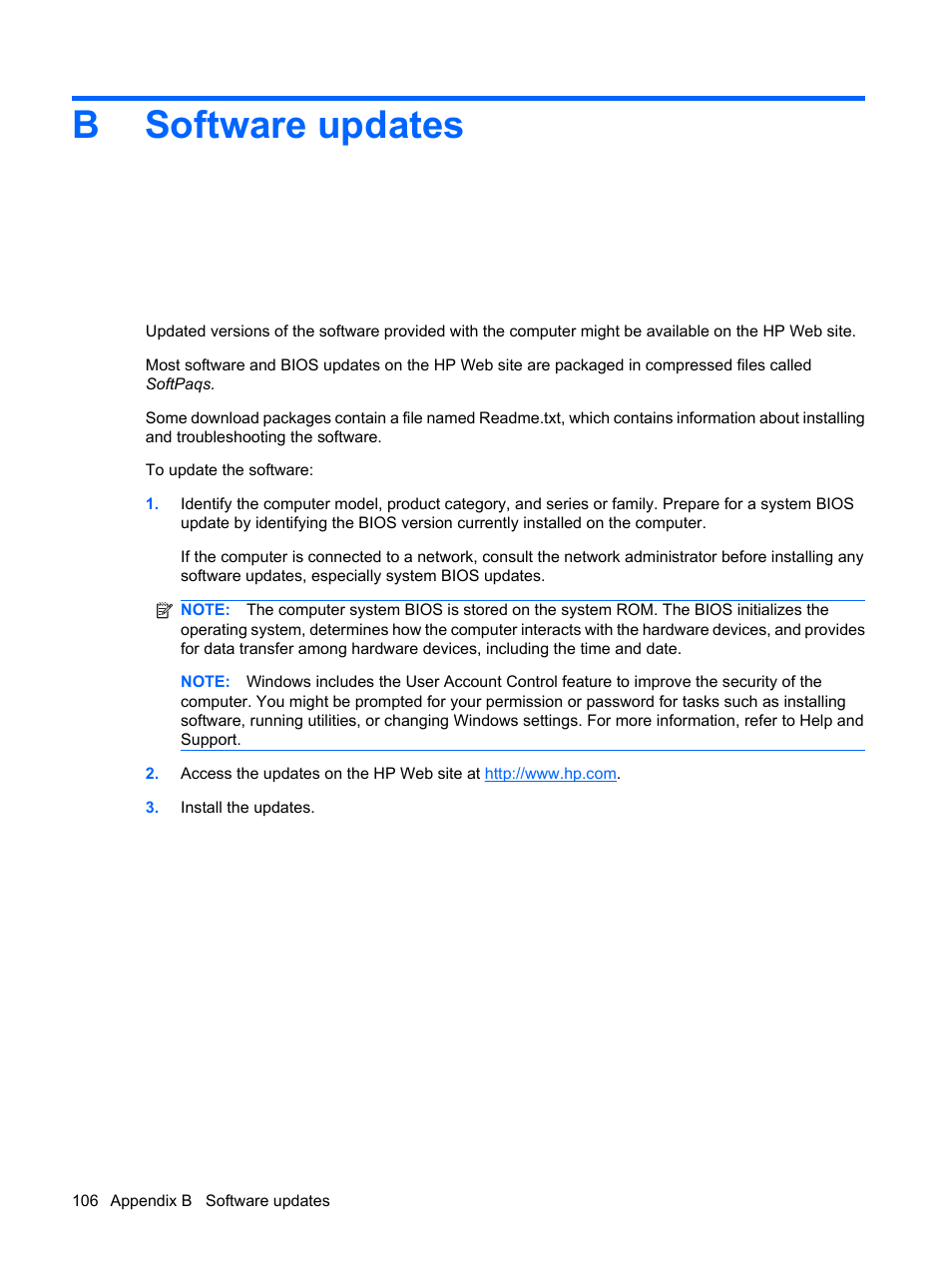 Software updates, Appendix b software updates, Bsoftware updates | HP Pavilion dv6z-3200 CTO Select Edition Entertainment Notebook PC User Manual | Page 116 / 129
