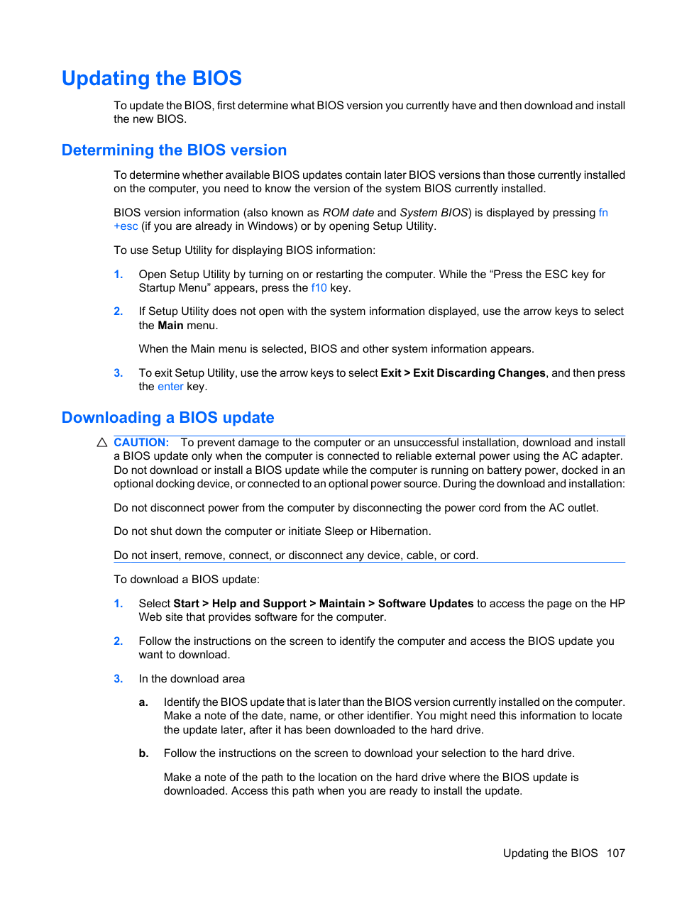 Updating the bios, Determining the bios version, Downloading a bios update | HP Pavilion dv6z-3200 CTO Select Edition Entertainment Notebook PC User Manual | Page 117 / 129