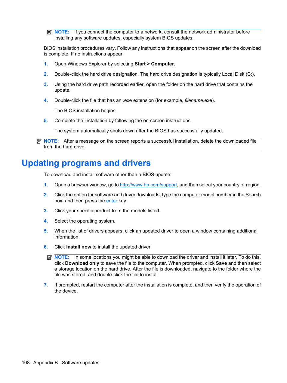 Updating programs and drivers | HP Pavilion dv6z-3200 CTO Select Edition Entertainment Notebook PC User Manual | Page 118 / 129