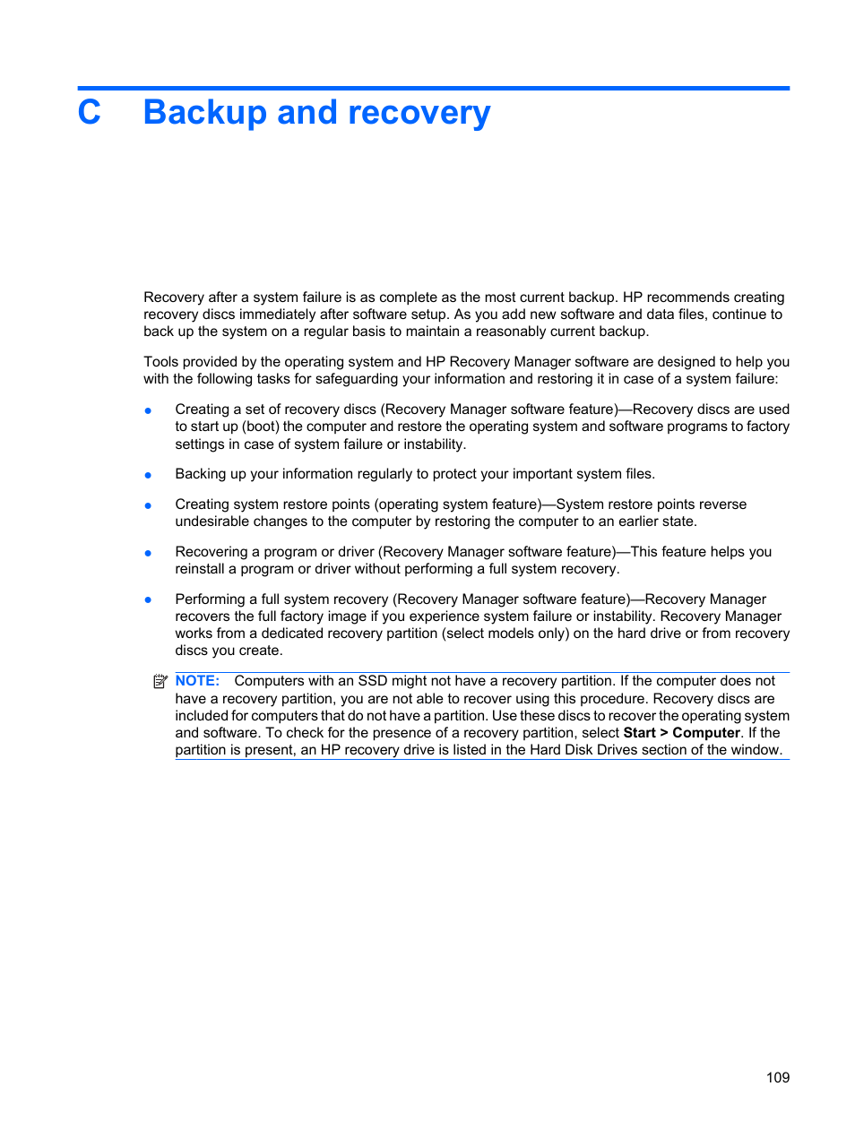 Backup and recovery, Appendix c backup and recovery, Cbackup and recovery | HP Pavilion dv6z-3200 CTO Select Edition Entertainment Notebook PC User Manual | Page 119 / 129