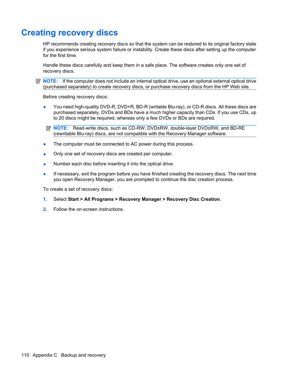 Creating recovery discs | HP Pavilion dv6z-3200 CTO Select Edition Entertainment Notebook PC User Manual | Page 120 / 129