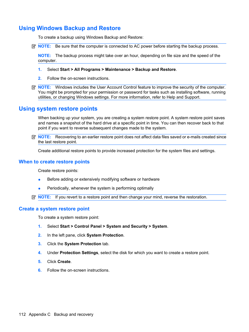 Using windows backup and restore, Using system restore points, When to create restore points | Create a system restore point | HP Pavilion dv6z-3200 CTO Select Edition Entertainment Notebook PC User Manual | Page 122 / 129