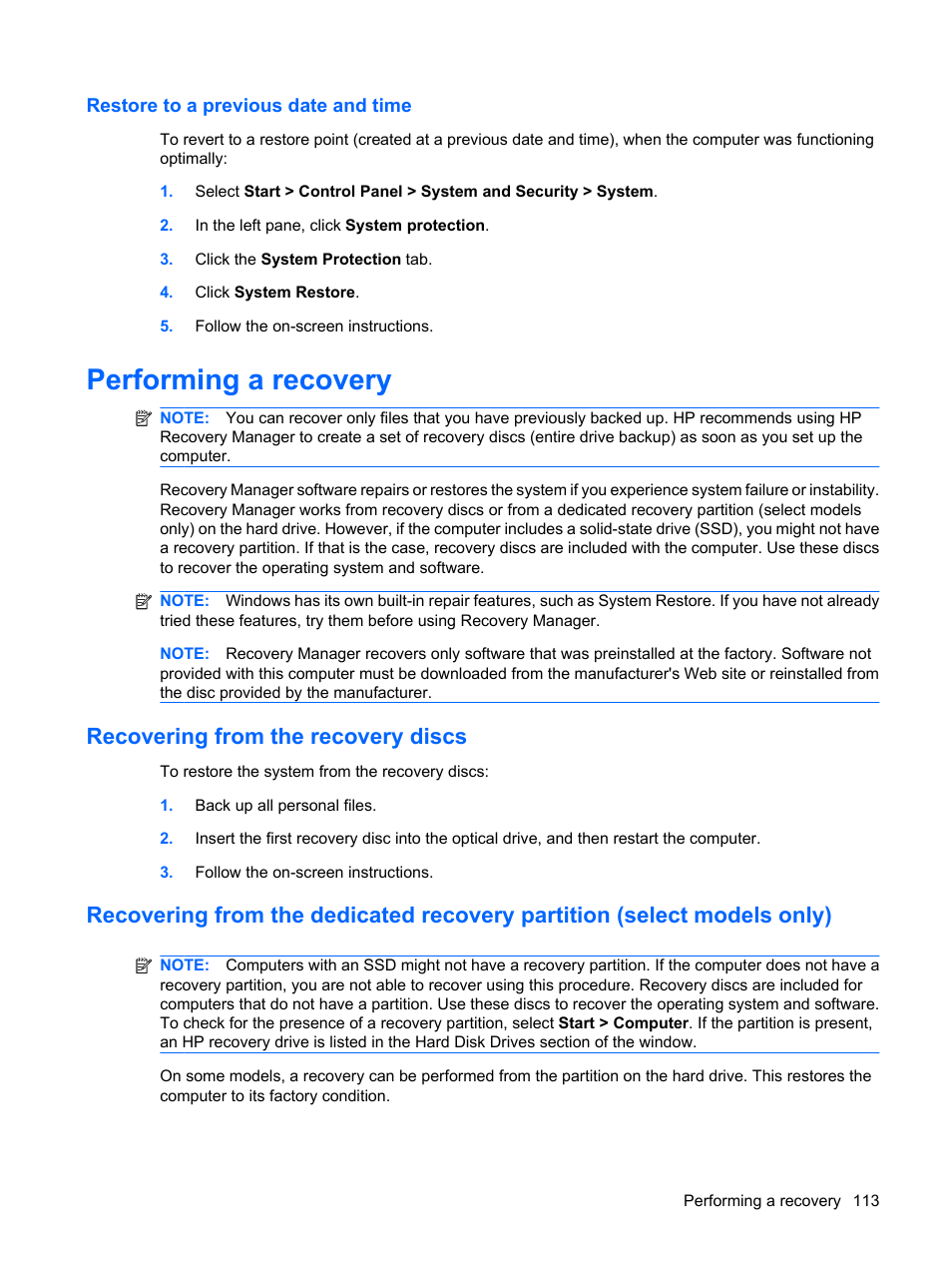 Restore to a previous date and time, Performing a recovery, Recovering from the recovery discs | HP Pavilion dv6z-3200 CTO Select Edition Entertainment Notebook PC User Manual | Page 123 / 129