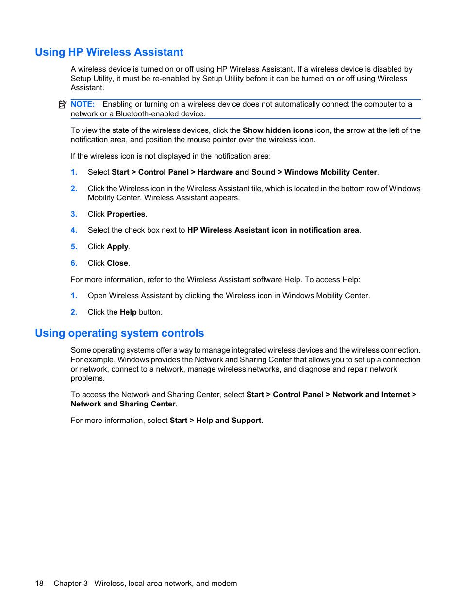 Using hp wireless assistant, Using operating system controls | HP Pavilion dv6z-3200 CTO Select Edition Entertainment Notebook PC User Manual | Page 28 / 129