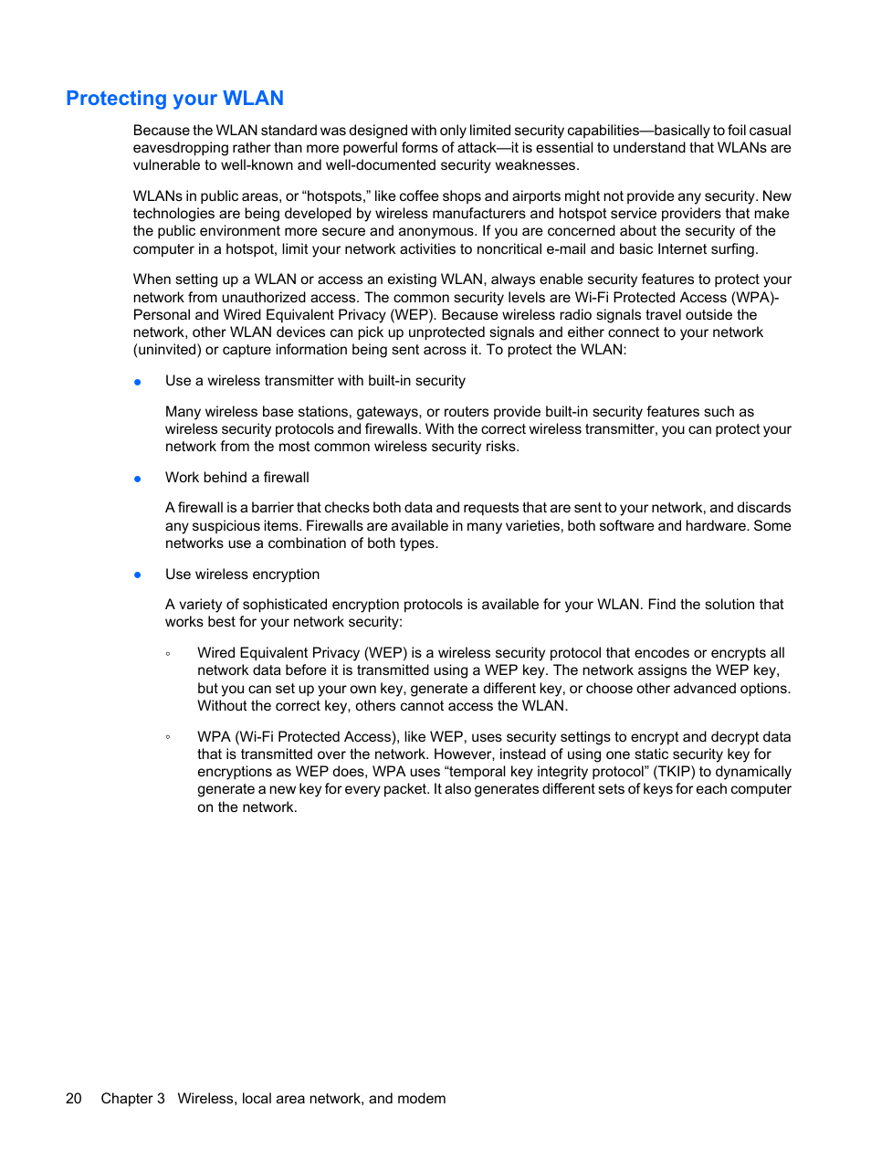 Protecting your wlan | HP Pavilion dv6z-3200 CTO Select Edition Entertainment Notebook PC User Manual | Page 30 / 129