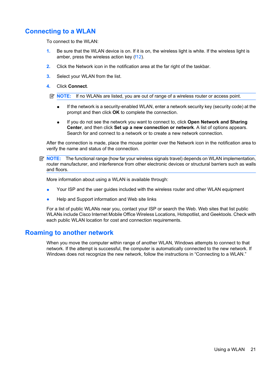 Connecting to a wlan, Roaming to another network, Connecting to a wlan roaming to another network | HP Pavilion dv6z-3200 CTO Select Edition Entertainment Notebook PC User Manual | Page 31 / 129