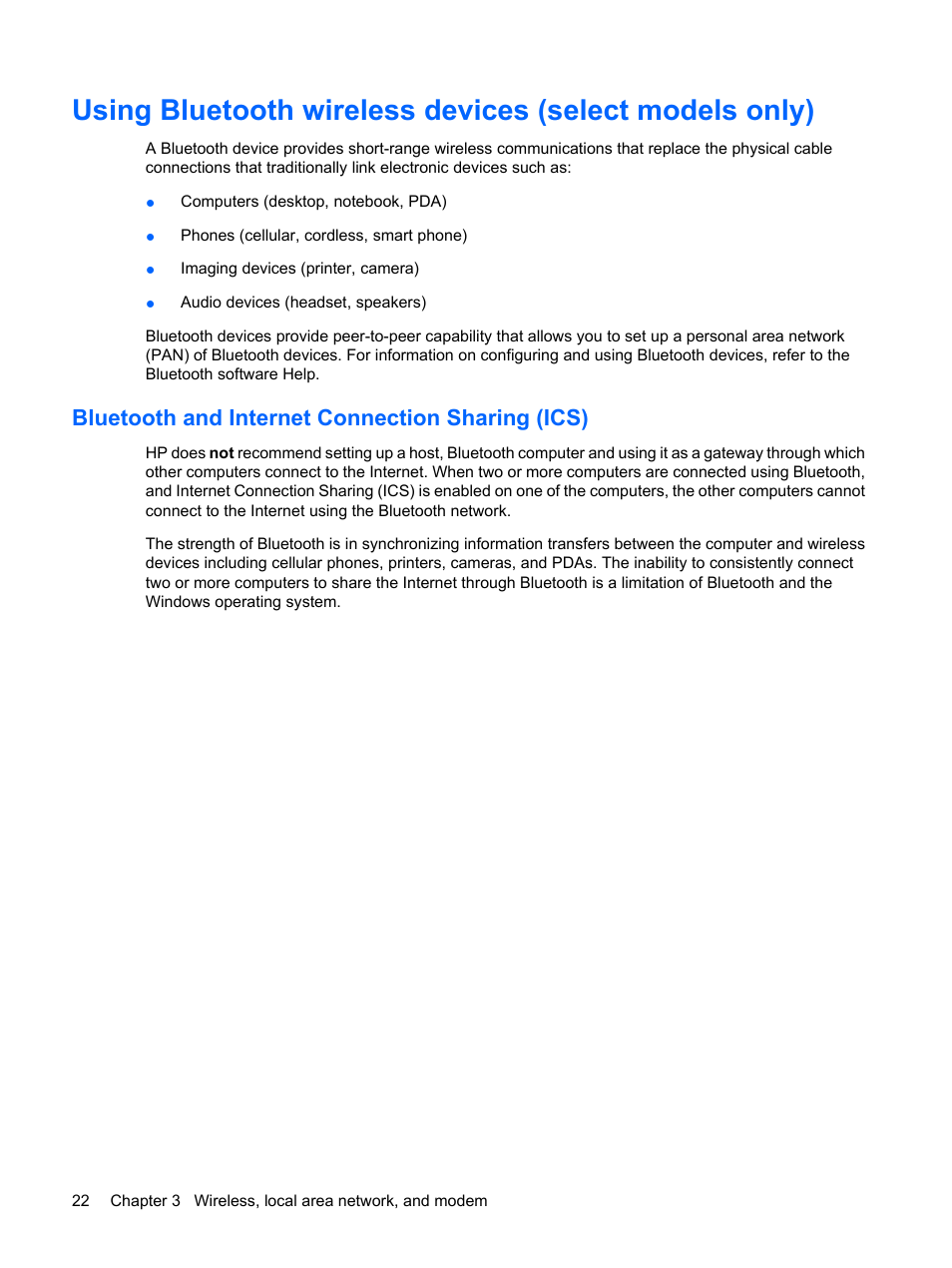 Bluetooth and internet connection sharing (ics) | HP Pavilion dv6z-3200 CTO Select Edition Entertainment Notebook PC User Manual | Page 32 / 129