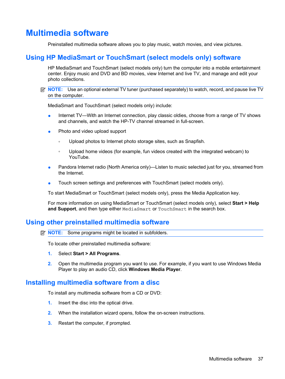 Multimedia software, Using other preinstalled multimedia software, Installing multimedia software from a disc | HP Pavilion dv6z-3200 CTO Select Edition Entertainment Notebook PC User Manual | Page 47 / 129