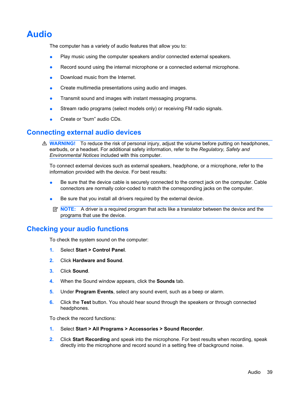 Audio, Connecting external audio devices, Checking your audio functions | HP Pavilion dv6z-3200 CTO Select Edition Entertainment Notebook PC User Manual | Page 49 / 129