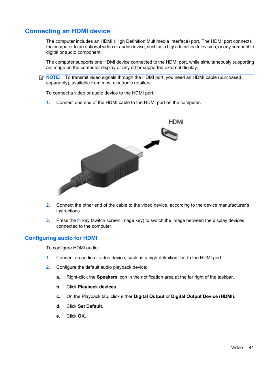 Connecting an hdmi device, Configuring audio for hdmi | HP Pavilion dv6z-3200 CTO Select Edition Entertainment Notebook PC User Manual | Page 51 / 129