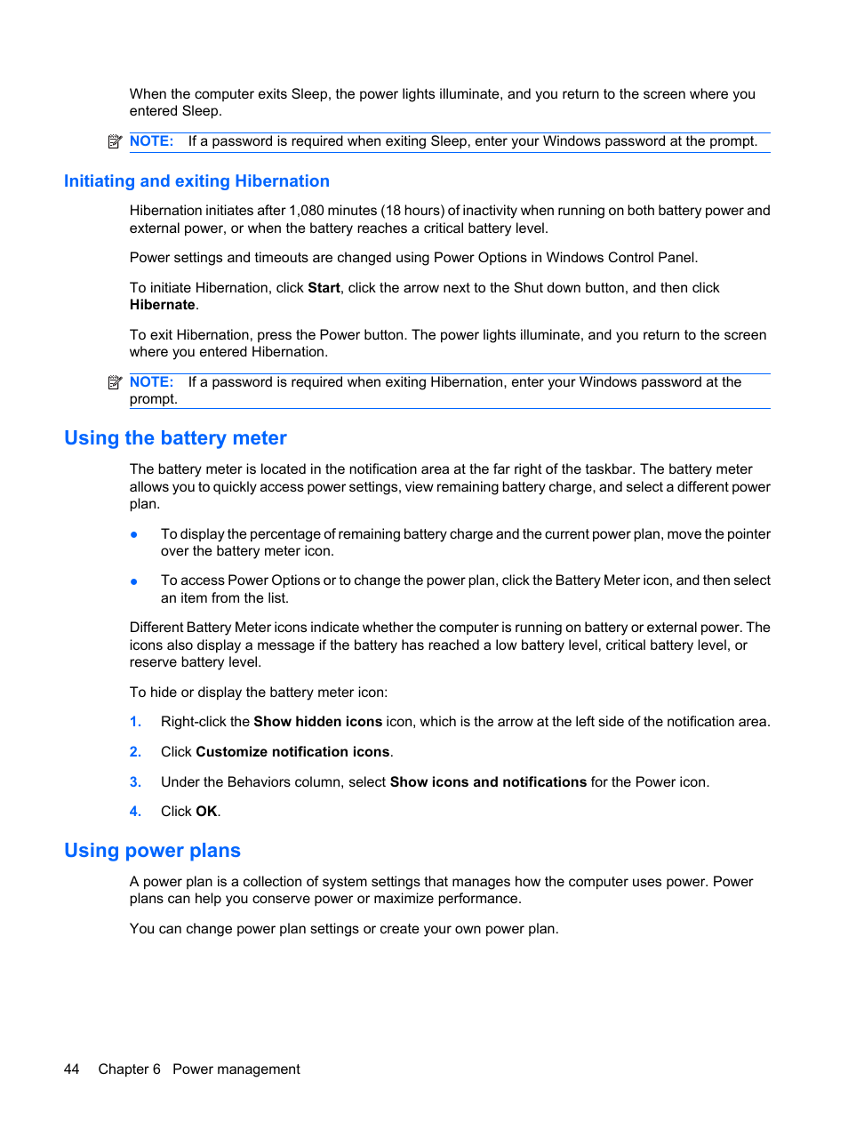 Initiating and exiting hibernation, Using the battery meter, Using power plans | Using the battery meter using power plans | HP Pavilion dv6z-3200 CTO Select Edition Entertainment Notebook PC User Manual | Page 54 / 129